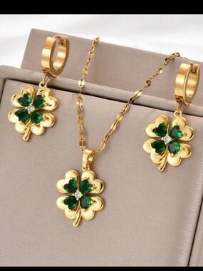 Gold-Tone Stainless Steel Chain, Cubic Zirconia Clover Necklace & Earrings